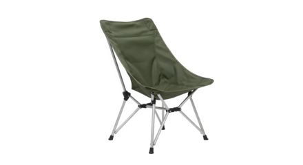 Olive green folding chair stands against a dark background. Ideal for product photography, ads, or lifestyle posters.