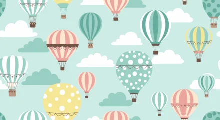Fotobehang Luchtballon Hot Air Balloon Vector Pattern Design with Pastel Cloud Elements in a Whimsical Style  © dawnverse