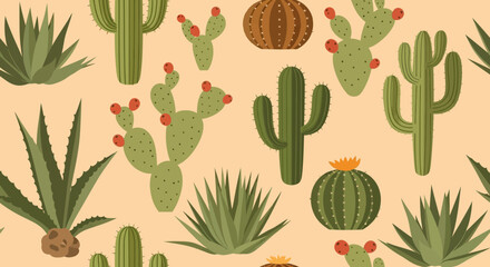 Cactus Pattern Vector Illustration with Desert Plants including Saguaros and Agaves in a Flat Modern Style