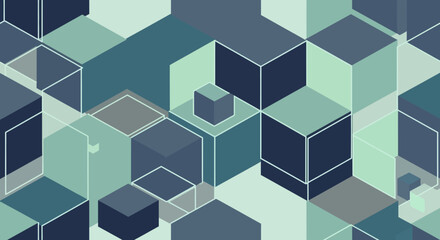 Abstract Geometric Vector Background with 3D Cubes in Muted Blue and Green Tones