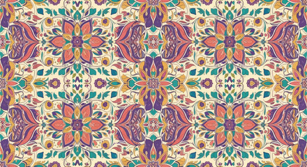 Floral Vector Pattern with Vintage Style Flower and Leaf Elements in Purple Teal and Pink