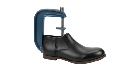 Black leather shoe compressed in clamp isolated on transparent background, a conceptual representation of pressure, restriction, and the challenges of conformity
