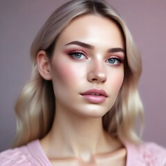 Naklejka premium Beautiful blonde woman portrait with soft pink makeup and background