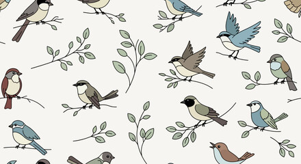 Fototapeta premium Seamless Vector Pattern with Birds and Branches Hand Drawn Style Illustration