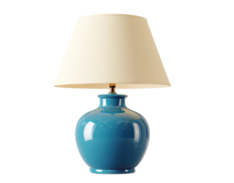 Cream-colored lampshade, teal ceramic base