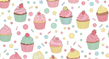 Cupcake Vector Pattern with Strawberry Topping and Pastel Colors for a Cute and Playful Design