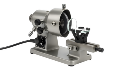 Precision lens grinding machine isolated on transparent background, showcasing its advanced technology and equipment for optical manufacturing and fabrication