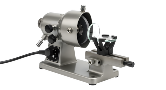 Precision lens grinding machine isolated on transparent background, showcasing its advanced technology and equipment for optical manufacturing and fabrication