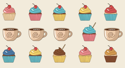 Pattern Vector Seamless with Coffee Cup and Cupcake Illustration in Modern Style with Outlines for Culinary and Cafe Design