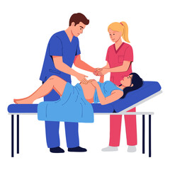 vector illustration of a doctor and nurse assisting a mother in childbirth.Plain white background.

