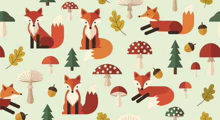 Fototapeta premium Fox Pattern Vector with Mushroom and Tree Modern Style Illustration