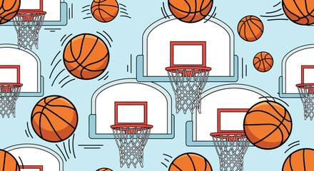 Vector Pattern with Basketball Hoop and Ball Illustration Fun Sports Design on Blue Background