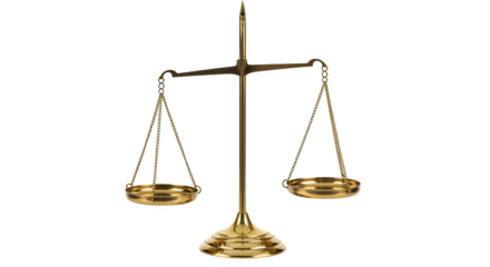 Golden balance scale isolated on transparent background, symbolizing justice, equilibrium, and decisionmaking in legal, financial, and ethical contexts