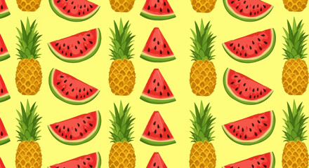 Tropical Vector Pattern featuring Pineapple and Watermelon Fruit Summer Design on Light Yellow Background