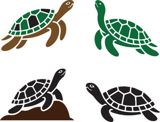 A collection of four distinct sea turtle graphics, showcasing different colors and poses