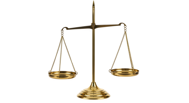 Golden balance scale isolated on transparent background, symbolizing justice, equilibrium, and decisionmaking in legal, financial, and ethical contexts