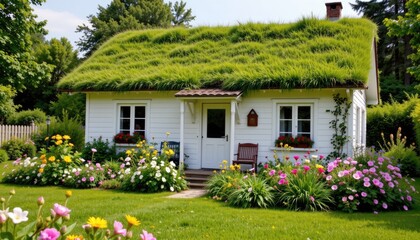Charming Cottage with Grass Roof Surrounded by Colorful Flowers in a Lush Green Garden Setting