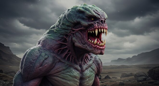 Angry Purple and Green Monster in a Rocky Desert Landscape