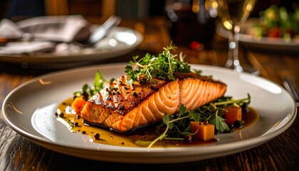 Exquisite Grilled Salmon Served with Fresh Greens and a Delectable Sauce