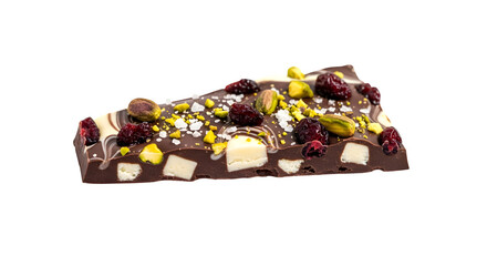 Dark chocolate bark with pistachios, cranberries, and sea salt isolated on transparent background, a sweet treat for dessert lovers