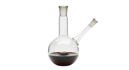 Round bottom flask with two necks containing dark liquid isolated on transparent background, perfect for scientific research and experimentation
