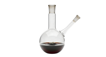 Round bottom flask with two necks containing dark liquid isolated on transparent background, perfect for scientific research and experimentation