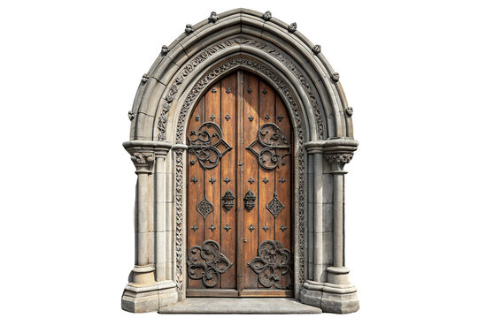 Medieval wooden door with ornate stone archway and intricate gothic wrought iron design elements
