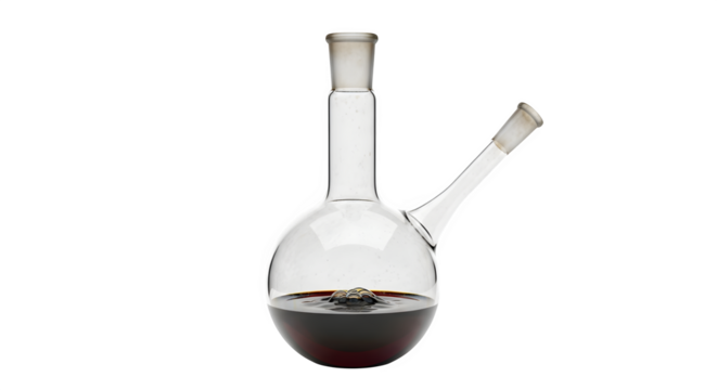 Round bottom flask with two necks containing dark liquid isolated on transparent background, perfect for scientific research and experimentation