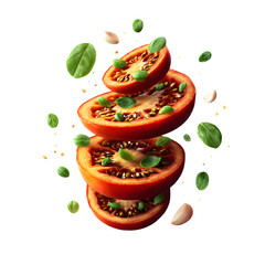A visual spiral of sun-dried tomatoes captured in mid-spin, oily texture highlighted with small garlic slices and basil hints around