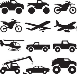 Vehicle Icons Set Monster Truck Pickup Truck Motorcycle Airplane Keywords: vehicle, transportation