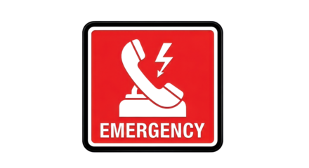 Emergency phone graphic with lightning bolt on red square with transparent background