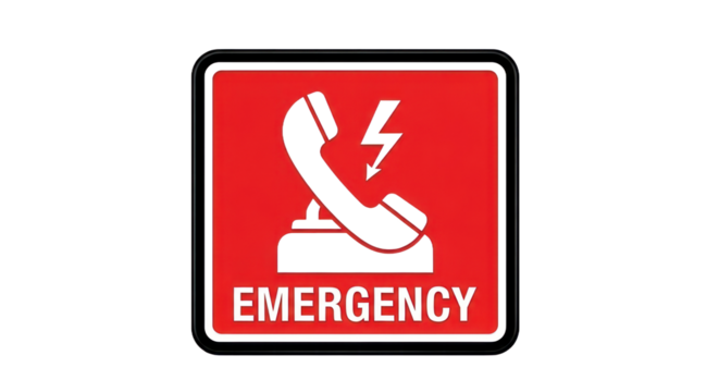 Emergency phone graphic with lightning bolt on red square with transparent background