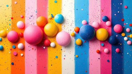 Colorful spheres scattered on a vibrant striped background.