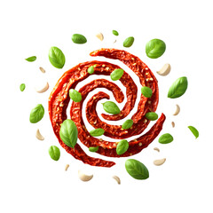 A visual spiral of sun-dried tomatoes captured in mid-spin, oily texture highlighted with small garlic slices and basil hints around