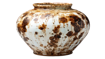 White and Brown Speckled Ceramic Jar on Black Background