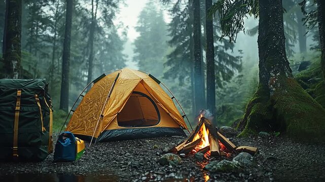 Inviting campsite with bright yellow tent warm crackling campfire backpack nestled amidst tall pine trees in misty green forest for adventure escape outdoor travel hiking remote getaway nature concept
