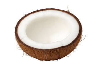 A halved coconut isolated on transparent background, showcasing its white flesh and brown shell, perfect for tropical themes and healthy eating concepts