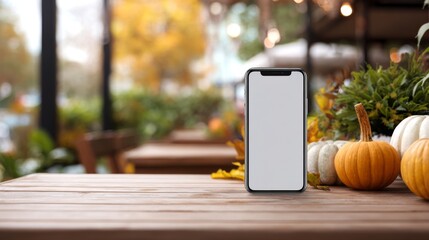Smartphone with blank screen mockup on wooden table with pumpkins and autumn leaves outdoors