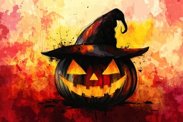 A vibrantly colored jack-o'-lantern, adorned with a witch's hat, set against a backdrop of warm, textured hues.