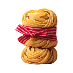 A vintage bundle of uncooked fettuccine nests tied with a red-striped linen ribbon, with scattered semolina flour in the air, warm studio lighting