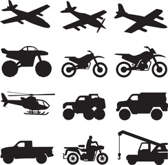 Assortment of Black Silhouettes of Vehicles and Aircraft Keywords: airplane, jet, propeller plane