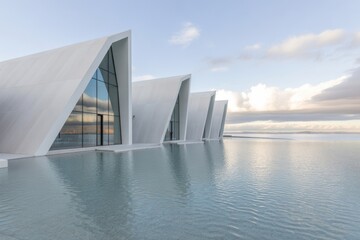 Modern architecture reflections in still water under a softly lit sky