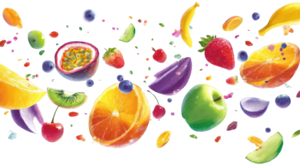 Vibrant Colorful Fruit Flying on Dark Background