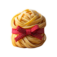 A vintage bundle of uncooked fettuccine nests tied with a red-striped linen ribbon, with scattered semolina flour in the air, warm studio lighting