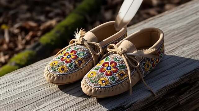 Beautifully crafted traditional moccasins with vibrant floral embroidery on a rustic wooden surface