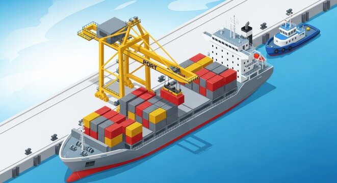 Isometric view of cargo ship loading containers at port with tugboat nearby - Powered by Adobe