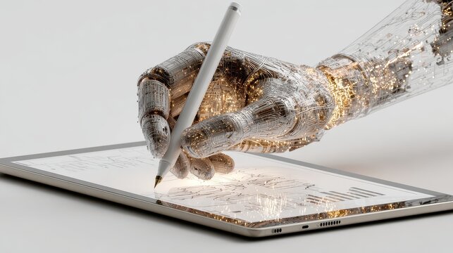 Robot hand drawing on digital tablet