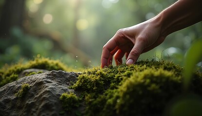 Fototapeta premium Human hand gently touching fresh green moss on a rock in the forest, with sunlight bokeh background. Symbol of connection with nature, freshness, sustainability, and mindfulness