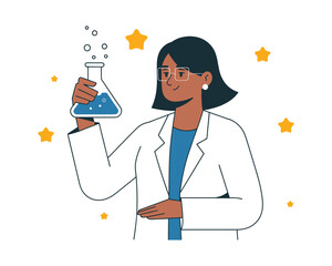 Fototapeta premium Female Scientist in Lab Coat Holding Beaker with Blue Liquid – Science Experiment Illustration