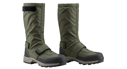 Green textured gaiters present outdoor clothing. Ideal for product photography and catalog use.